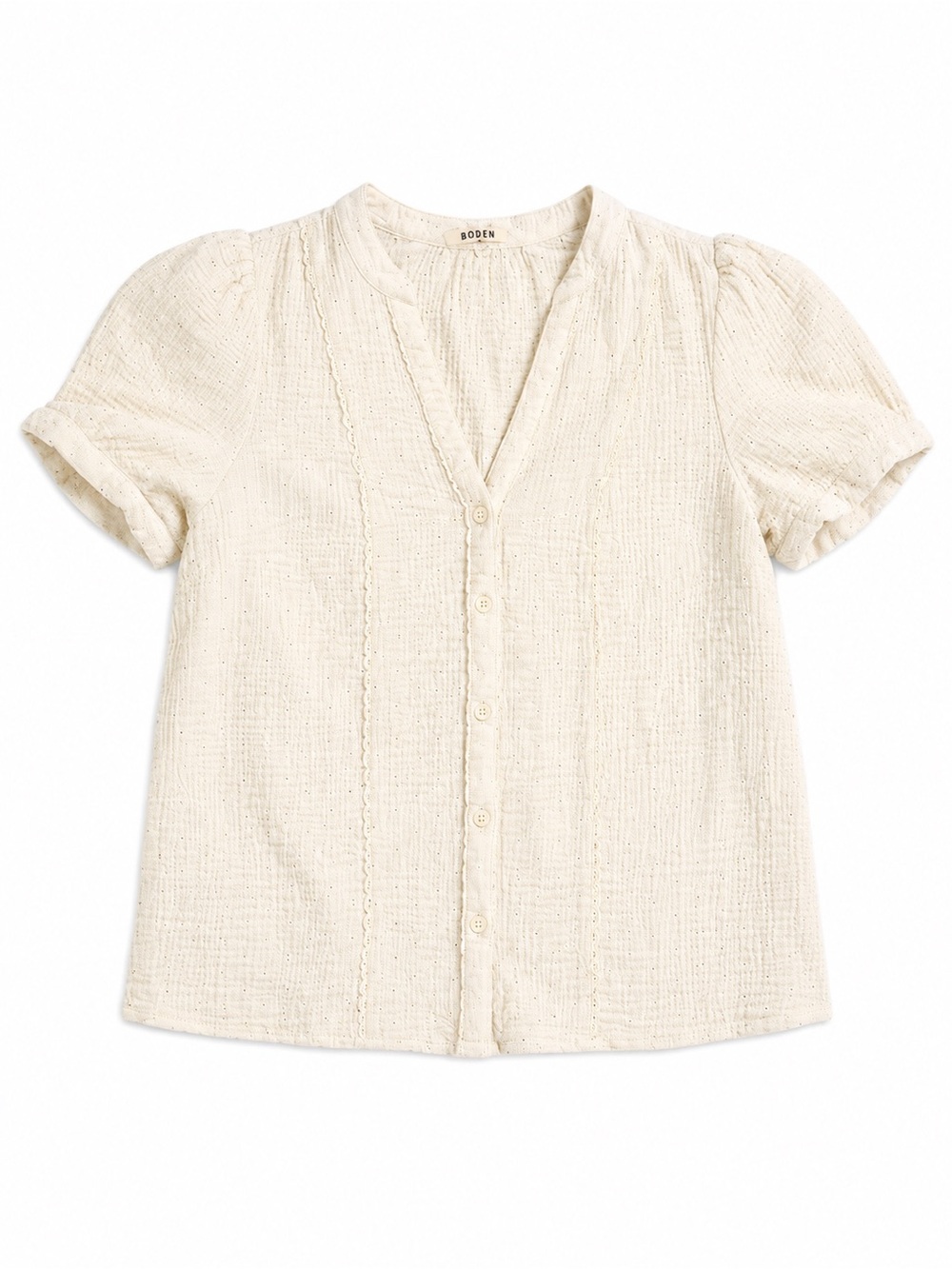 Boden Cream Textured Button-Front Puff Sleeve Blouse